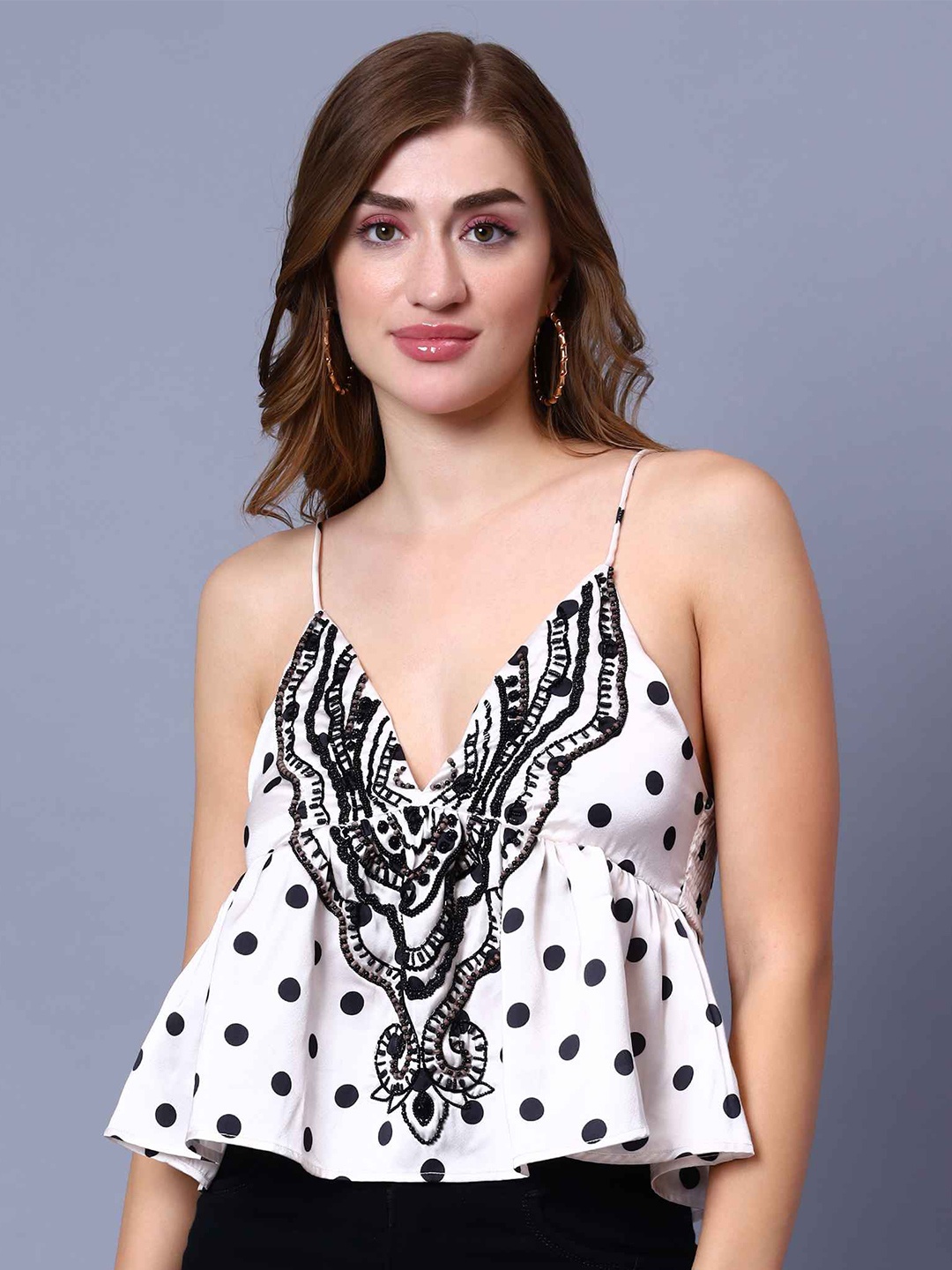 

Amagyaa Polka Dots Print Opaque A-Line Casual Top, White