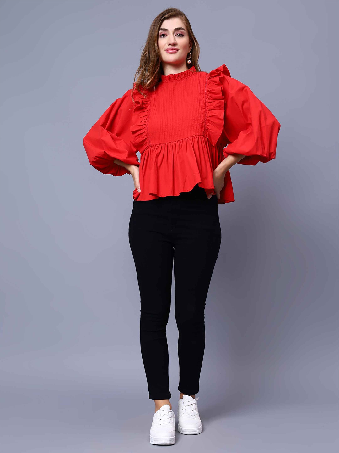 

Amagyaa Cotton Round Neck Puff Sleeve Ruffles Opaque A-Line Casual Top, Red