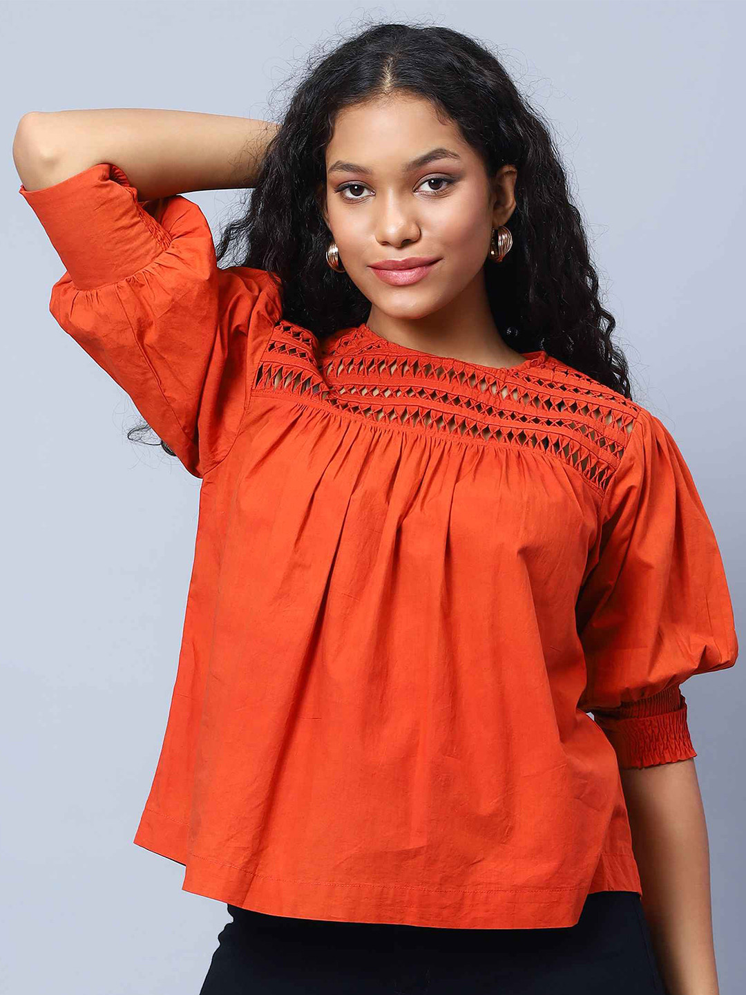 

Amagyaa Cotton Round Neck Puff Sleeves Cut Out Opaque Casual Top, Red