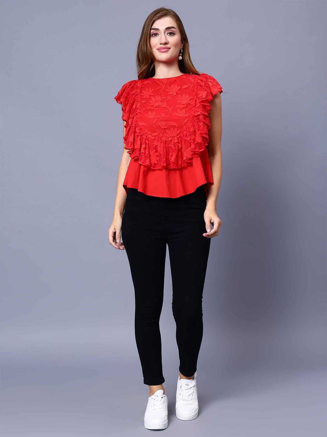 

Amagyaa Flutter Sleeve Ruffles Pure Cotton Top, Red