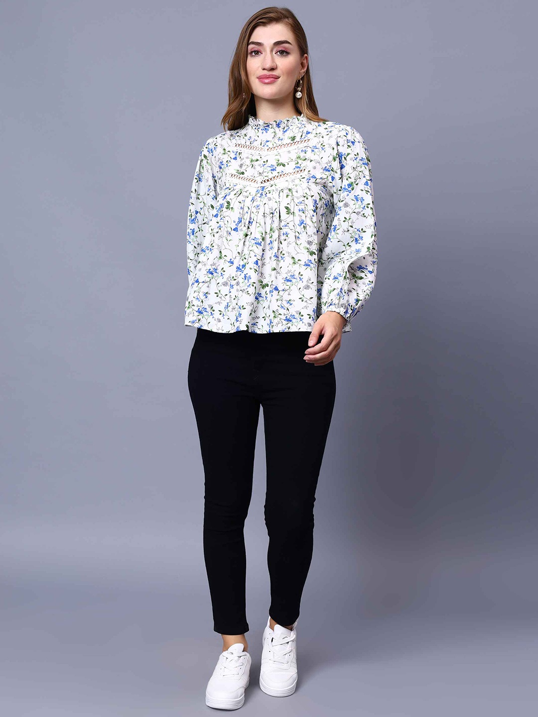 

Amagyaa Floral Print Mandarin Collar Puff Sleeve Pure Cotton Top, White