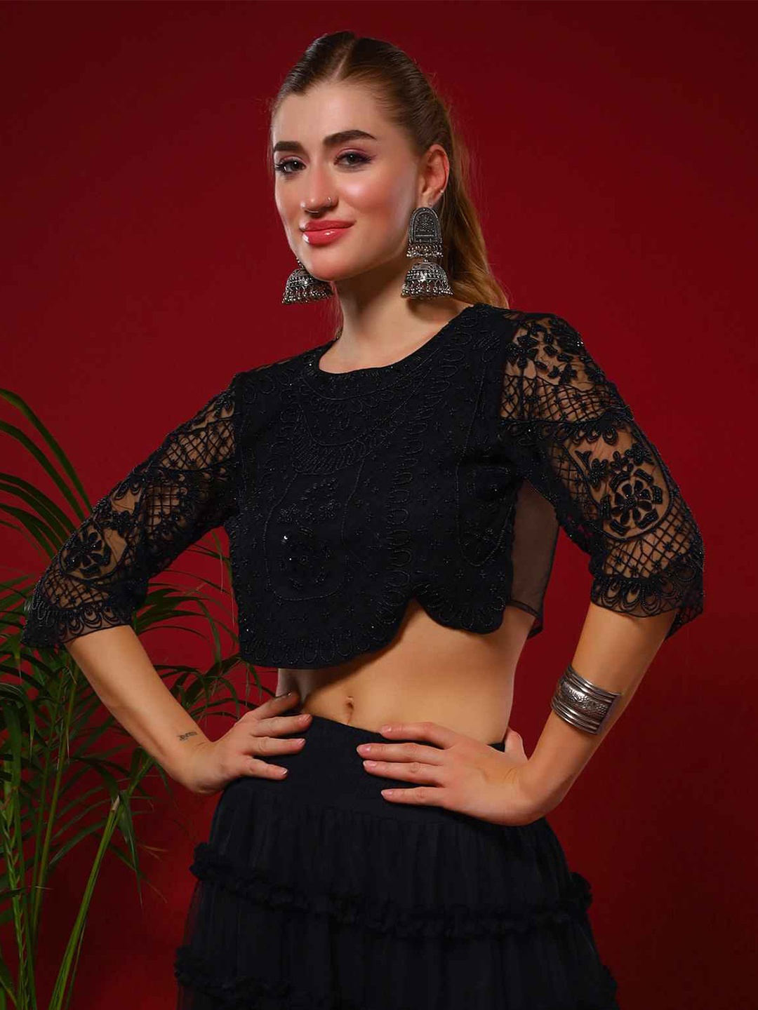 

Amagyaa Embellished Net Crop Styled Back Top, Black