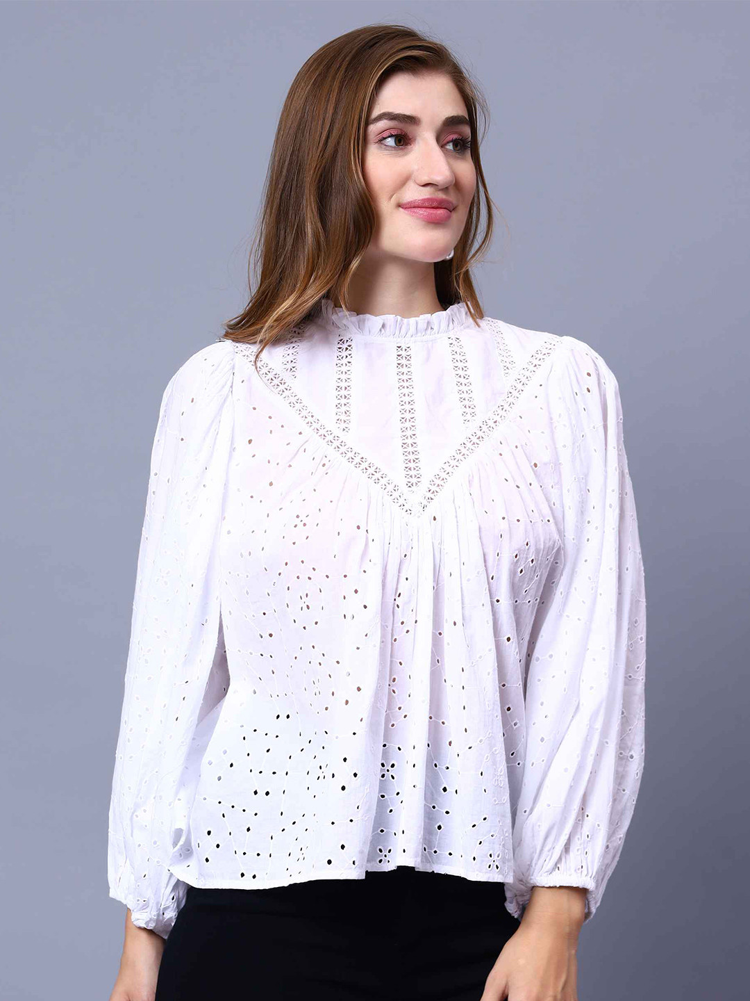 

Amagyaa Puff Sleeve Pure Cotton Schiffli Top, White