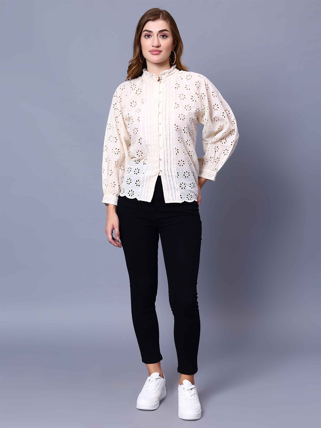 

Amagyaa Floral Self Design High Neck Cuffed Sleeves Cotton Chambray Top, Cream