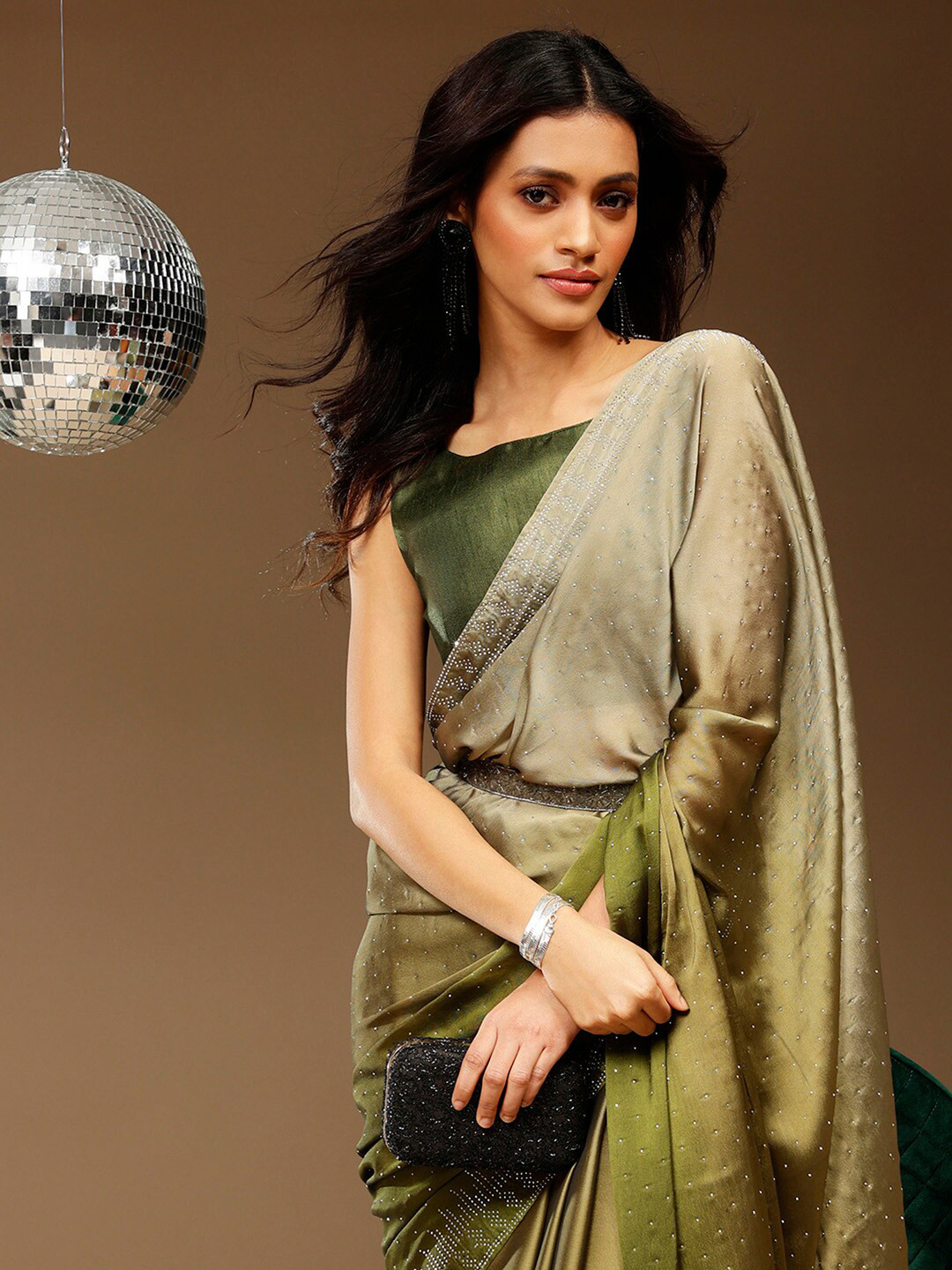 

Sangria Olive Green Embellished Pure Georgette Saree