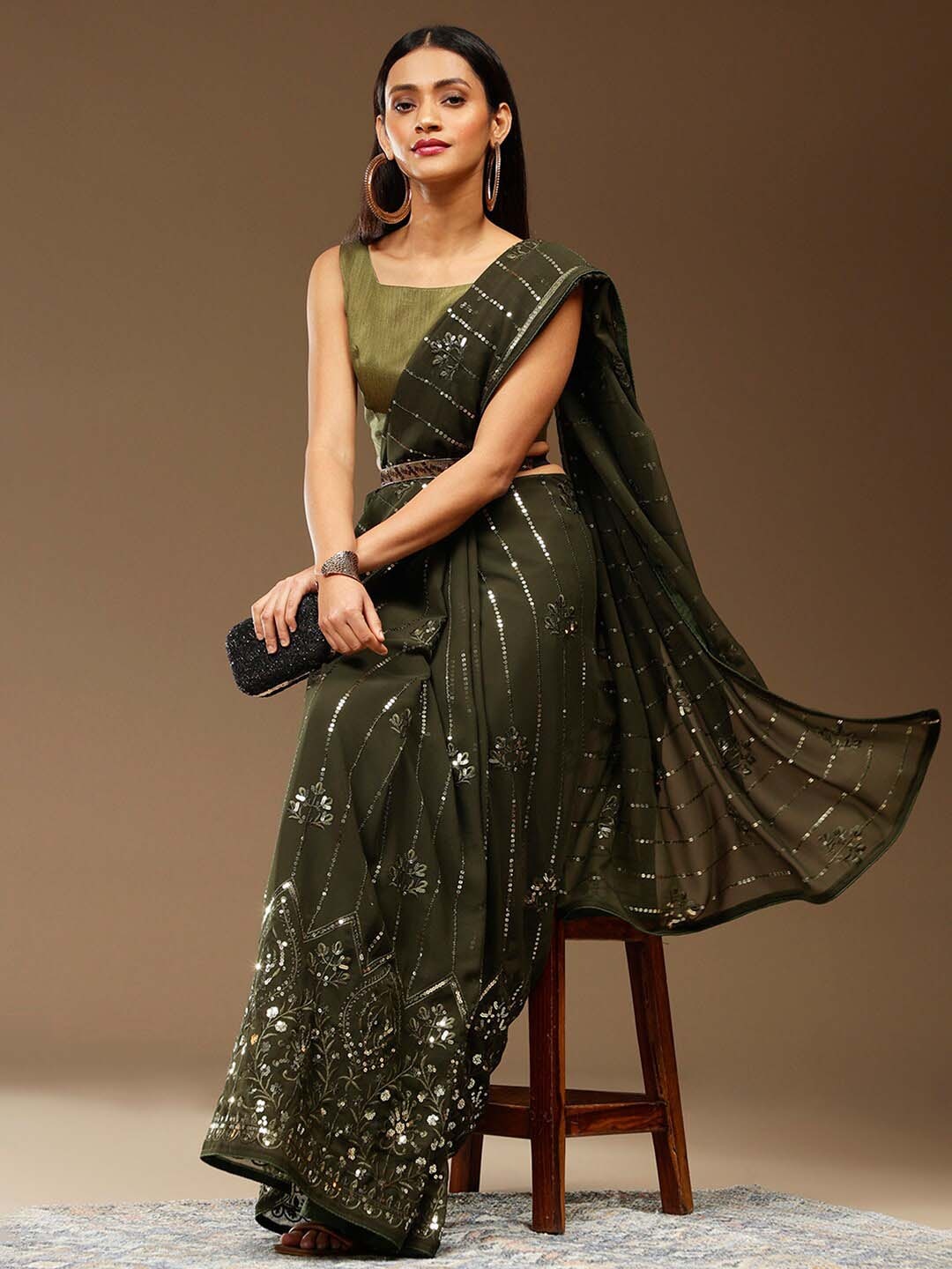 

Sangria Olive Green Embellished Pure Georgette Saree