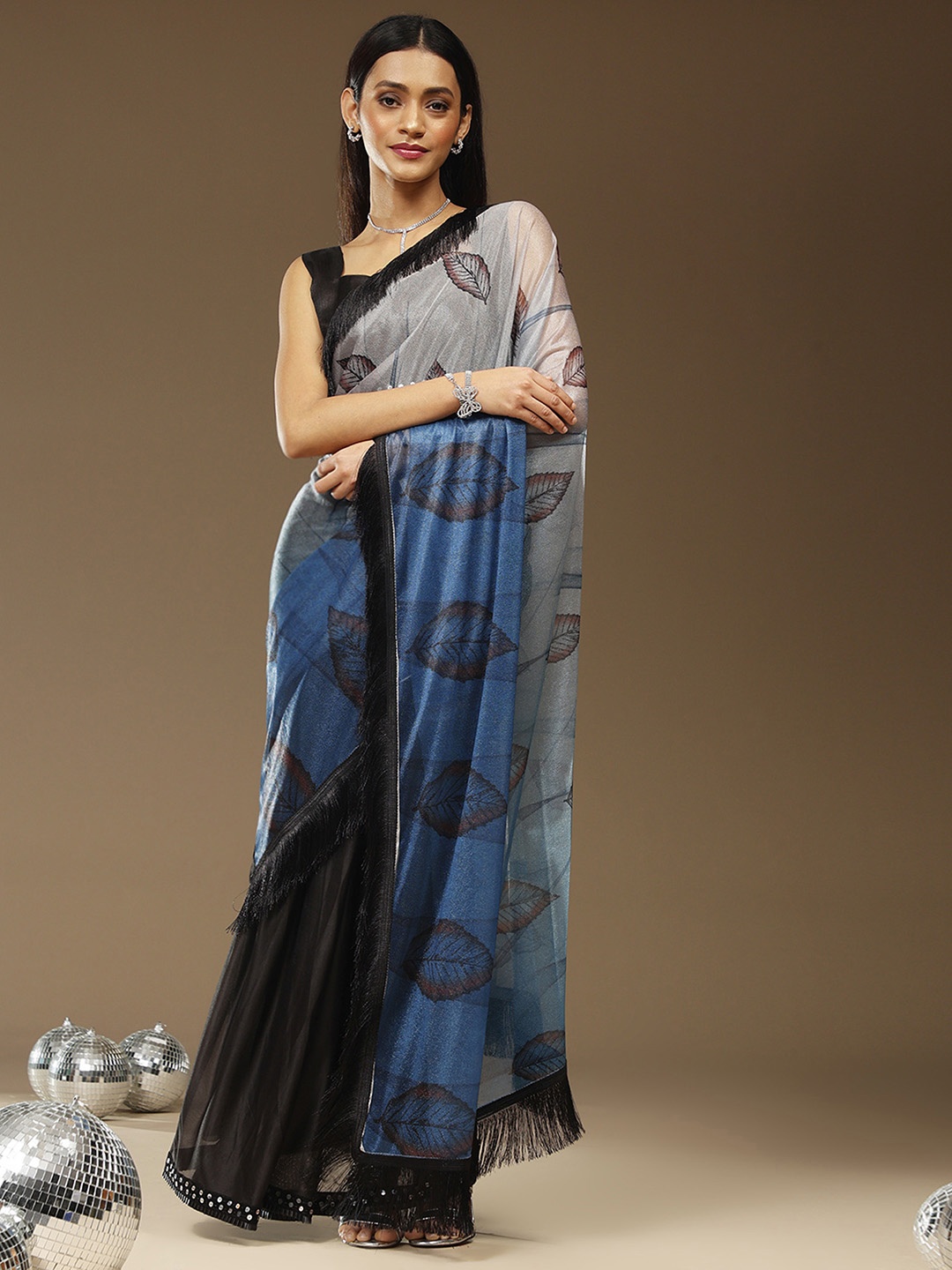 

Sangria Lycra Ethnic Embellished Ready to Wear Saree with Matching Blouse, Blue