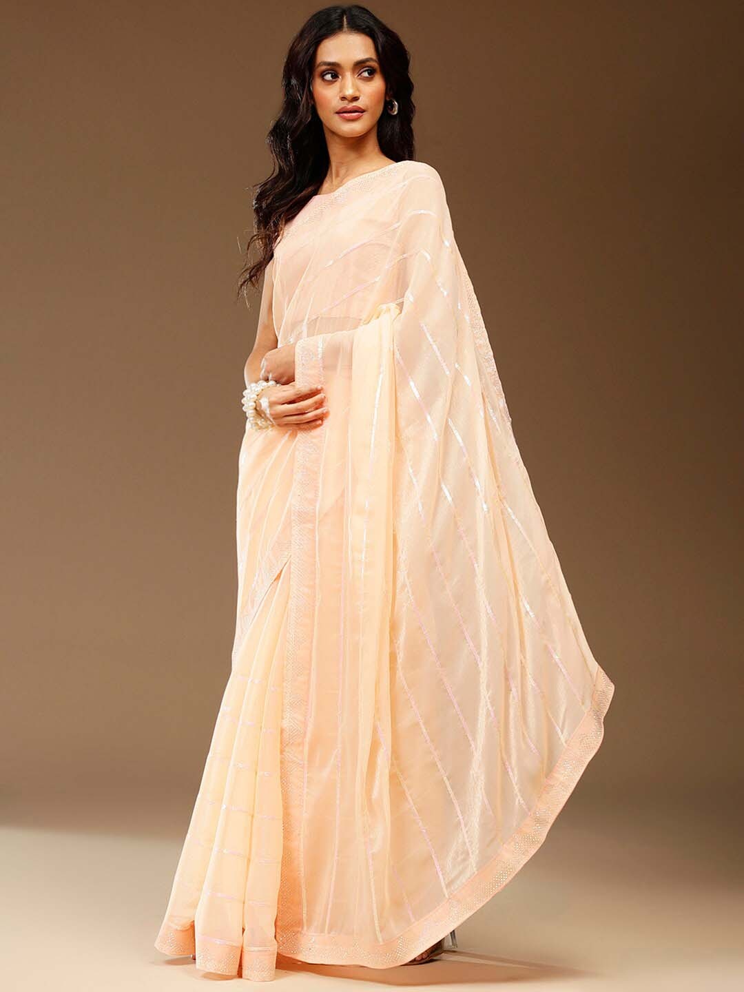 

Sangria Embellished Chiffon Party Saree, Peach