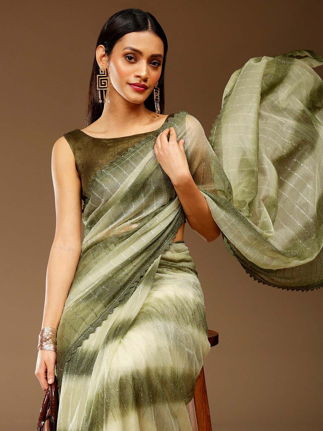

Sangria Beads & Stones Embellished Party Saree, Olive