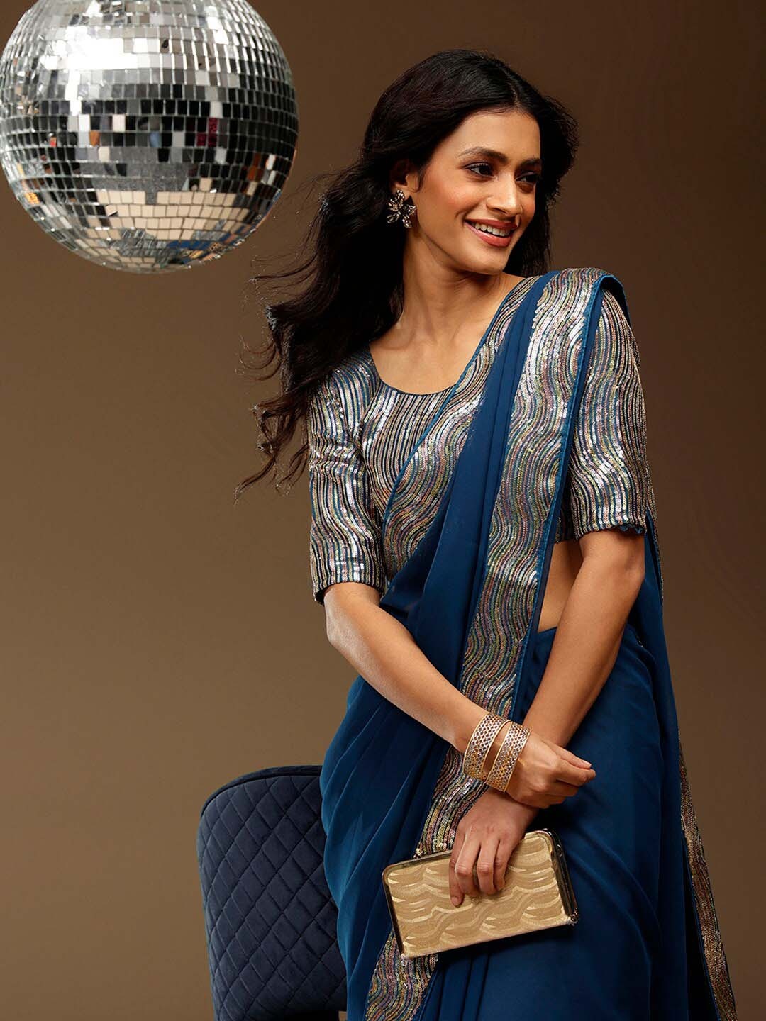 

Sangria Sequined Embellished Georgette Party Saree, Teal