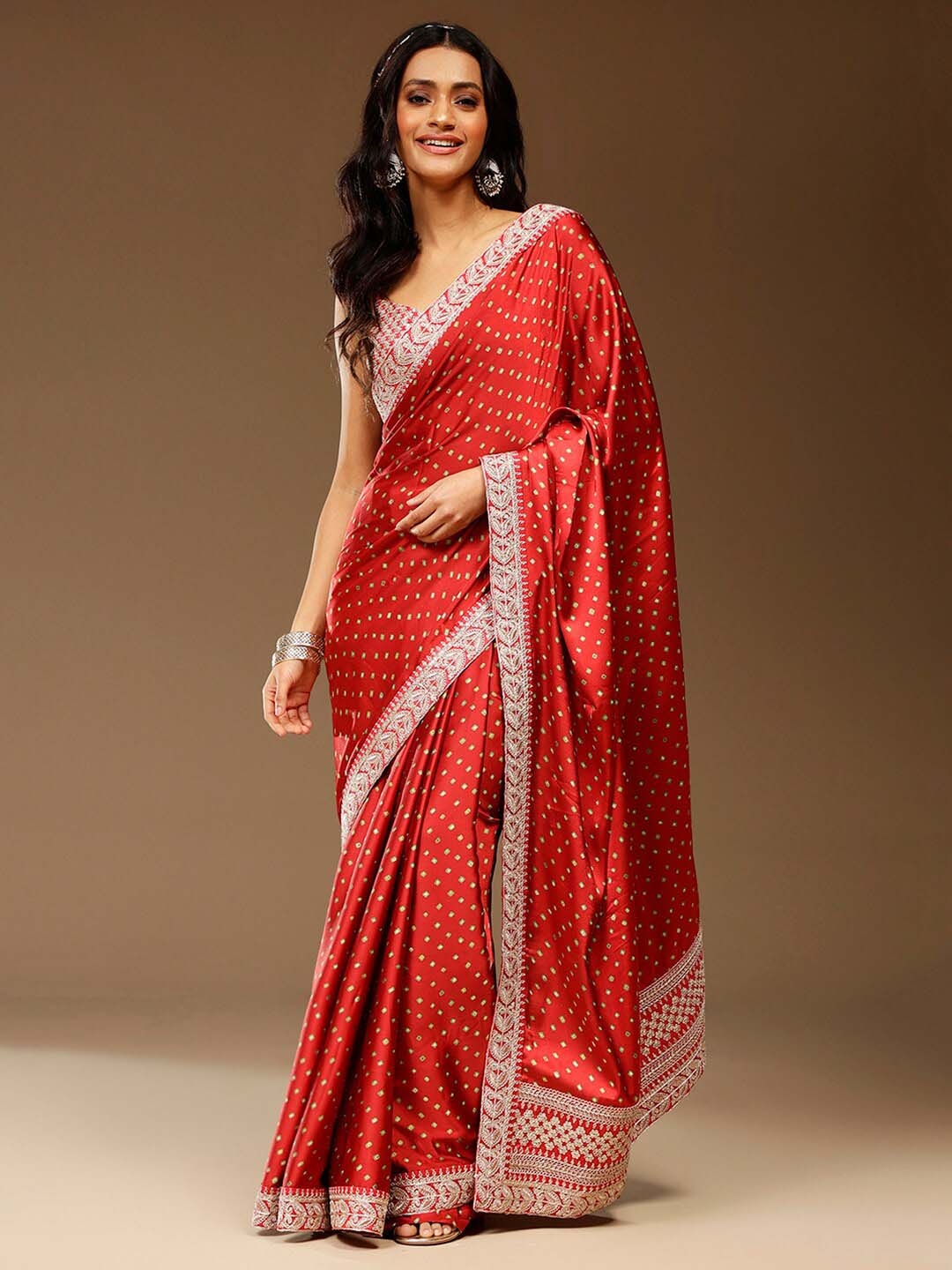 

Sangria Embellished Satin Silk Party Saree, Red
