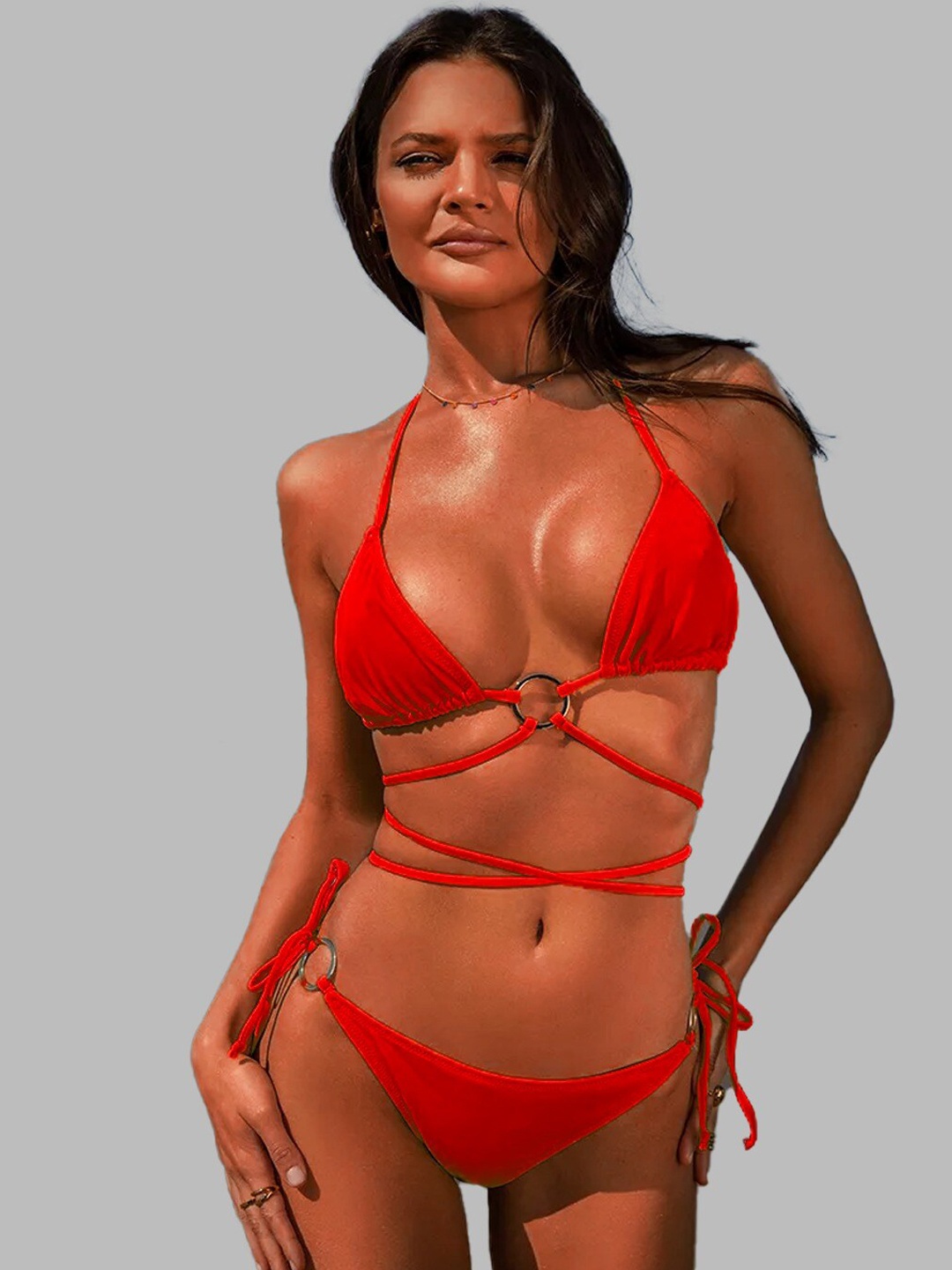 

VAGHBHATT Women Halter Neck Swim Bikini Set, Red