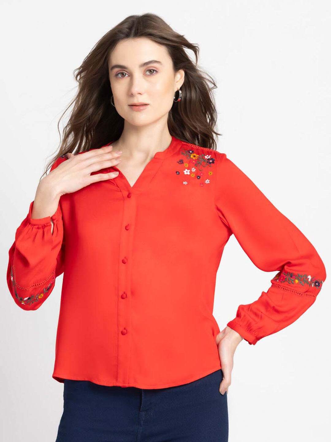 

SHAYE Floral Embroidered Mandarin Collar Cuffed Sleeves Modal Satin Shirt Style Top, Red
