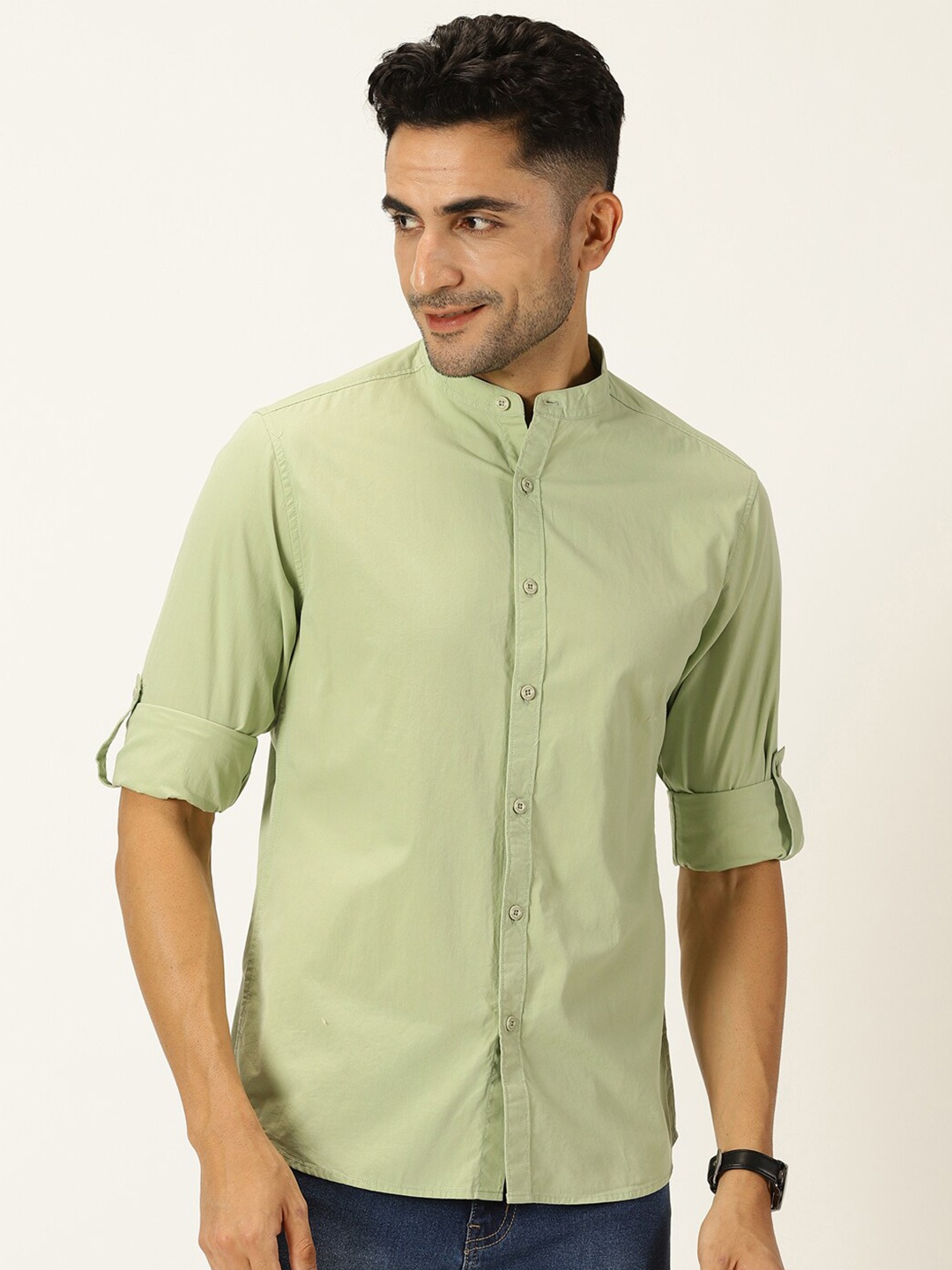 

HERE&NOW Classic Slim Fit Band Collar Pure Cotton Casual Shirt, Green