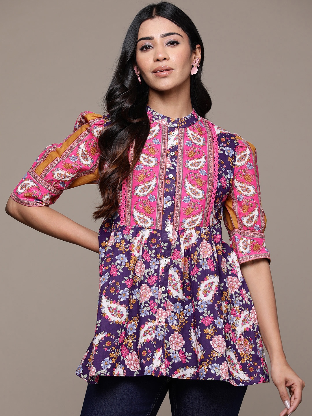 

aarke Ritu Kumar Floral Print Mandarin Collar Puff Sleeves Cotton Peplum Longline Top, Purple