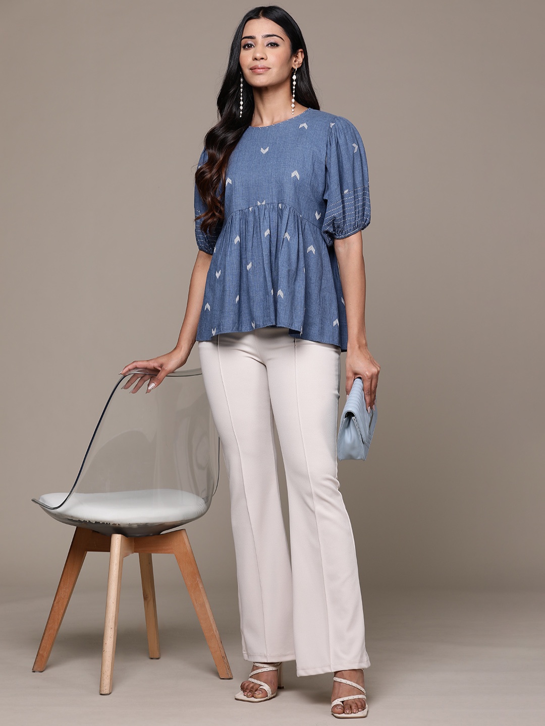 

aarke Ritu Kumar Geometric Embroidered Puff Sleeves Cotton Peplum Top, Blue