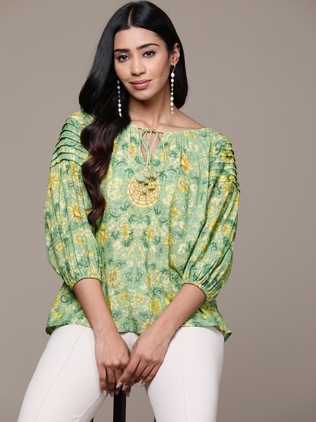 

aarke Ritu Kumar Floral Print Tie-Up Neck Puff Sleeves Cotton Top, Green