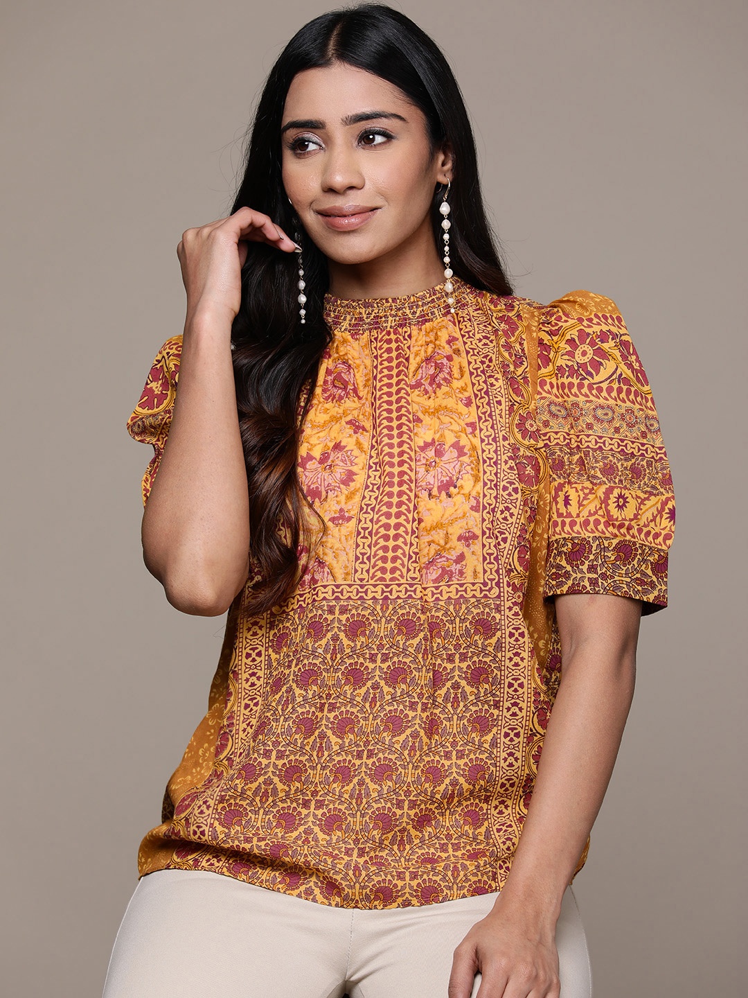 

aarke Ritu Kumar Print High Neck Puff Sleeves Ethnic Top, Yellow