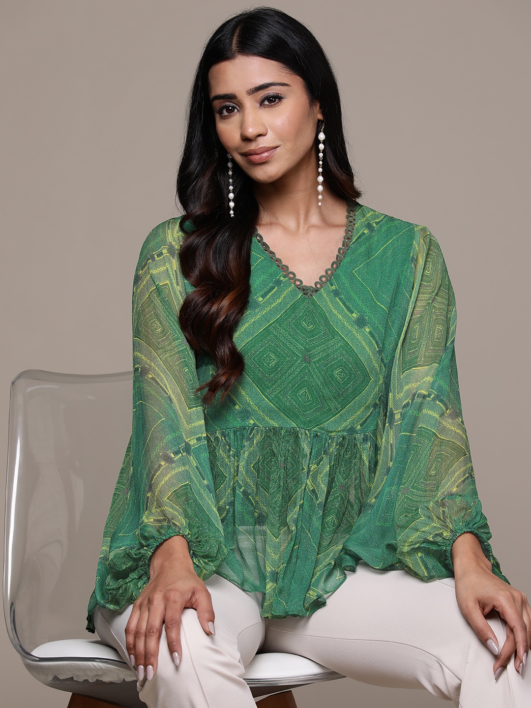 

aarke Ritu Kumar Geometric Print Puff Sleeves Chiffon Peplum Top, Green