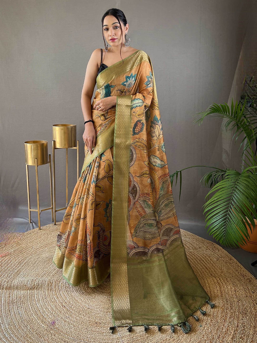 

Mitera Kalamkari Printed Tussar Zari Saree, Mustard