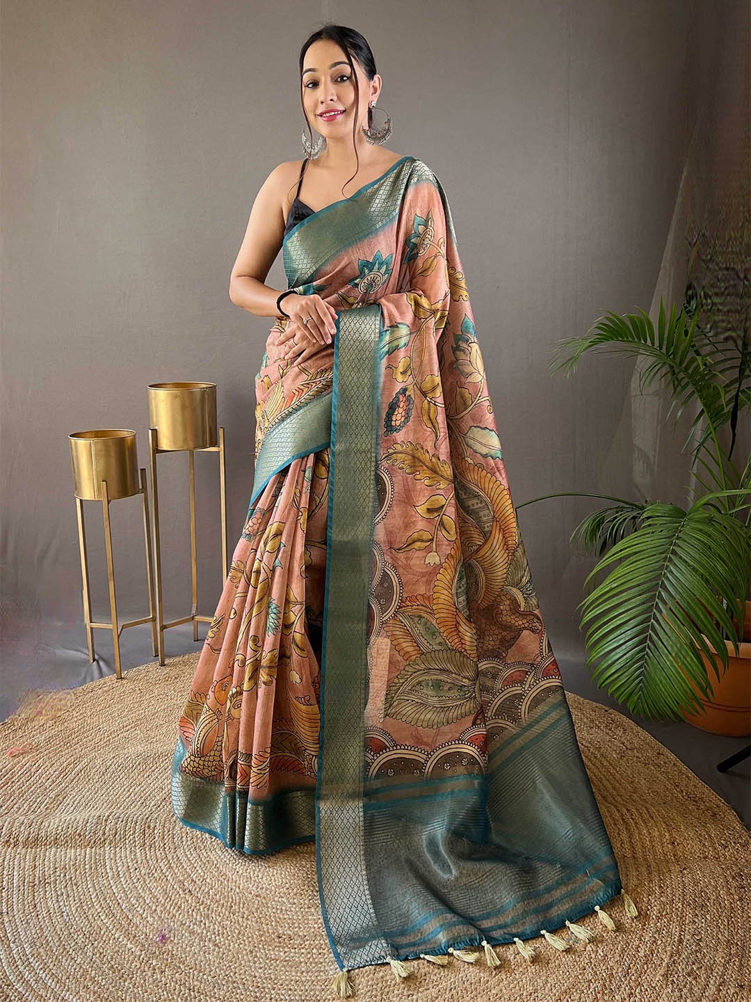 

Mitera Kalamkari Printed Tussar Saree, Blue
