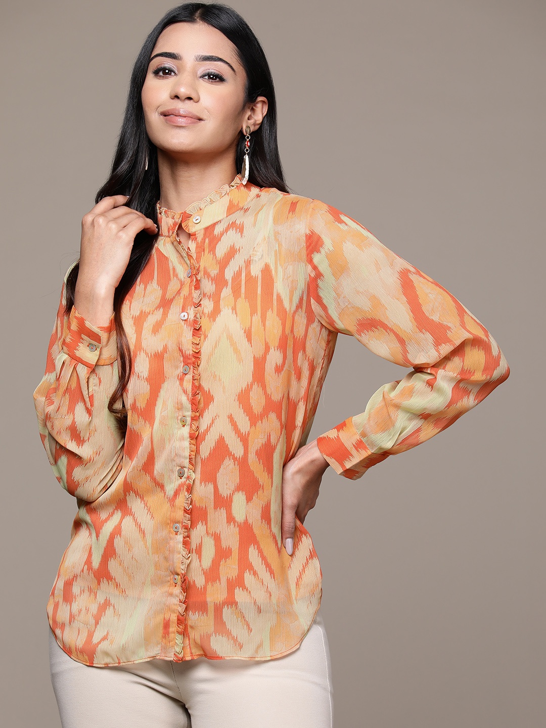 

aarke Ritu Kumar Women Printed Casual Shirt With Camisole, Orange