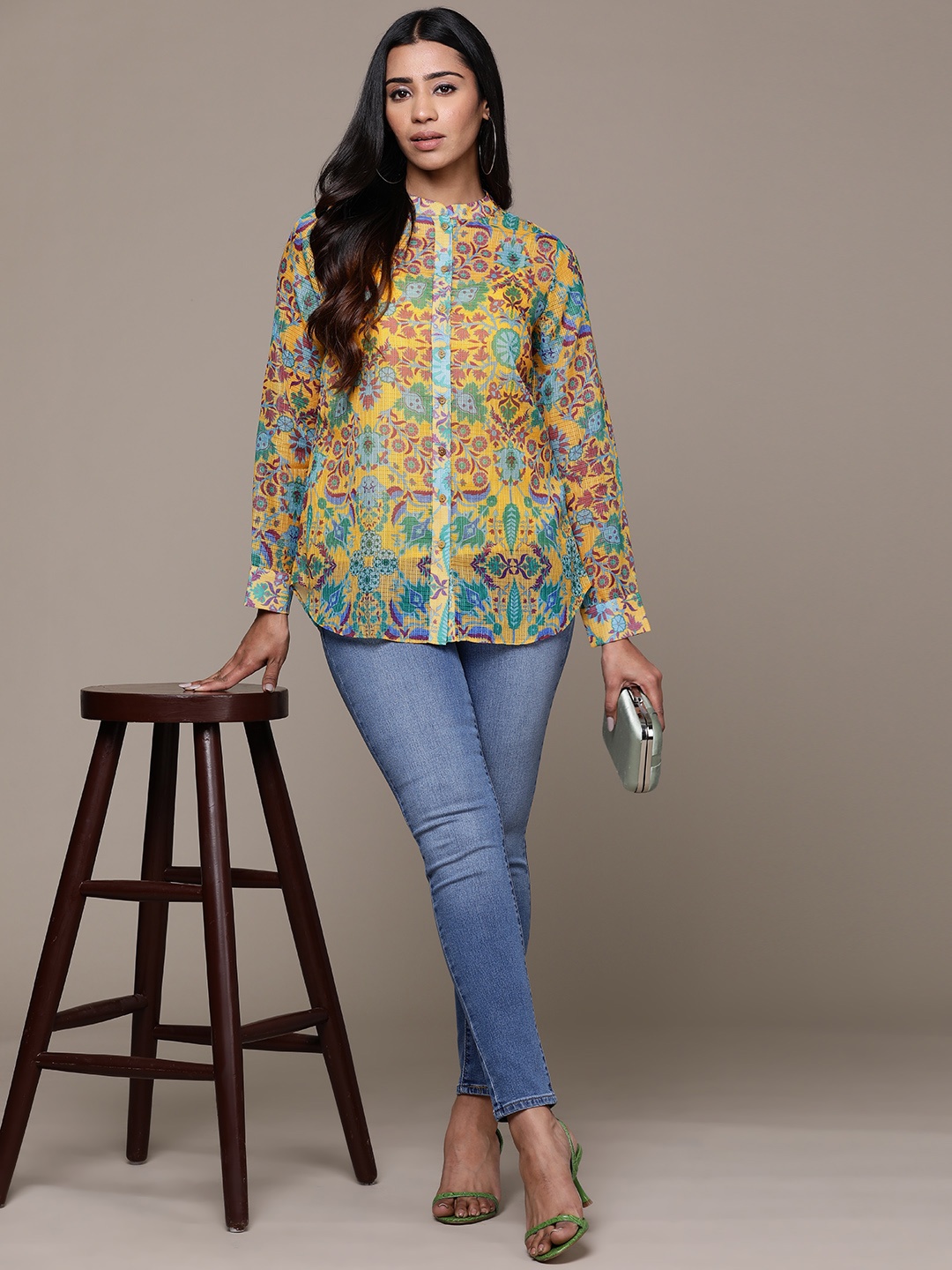 

aarke Ritu Kumar Women Floral Printed Casual Shirt With Camisole, Yellow