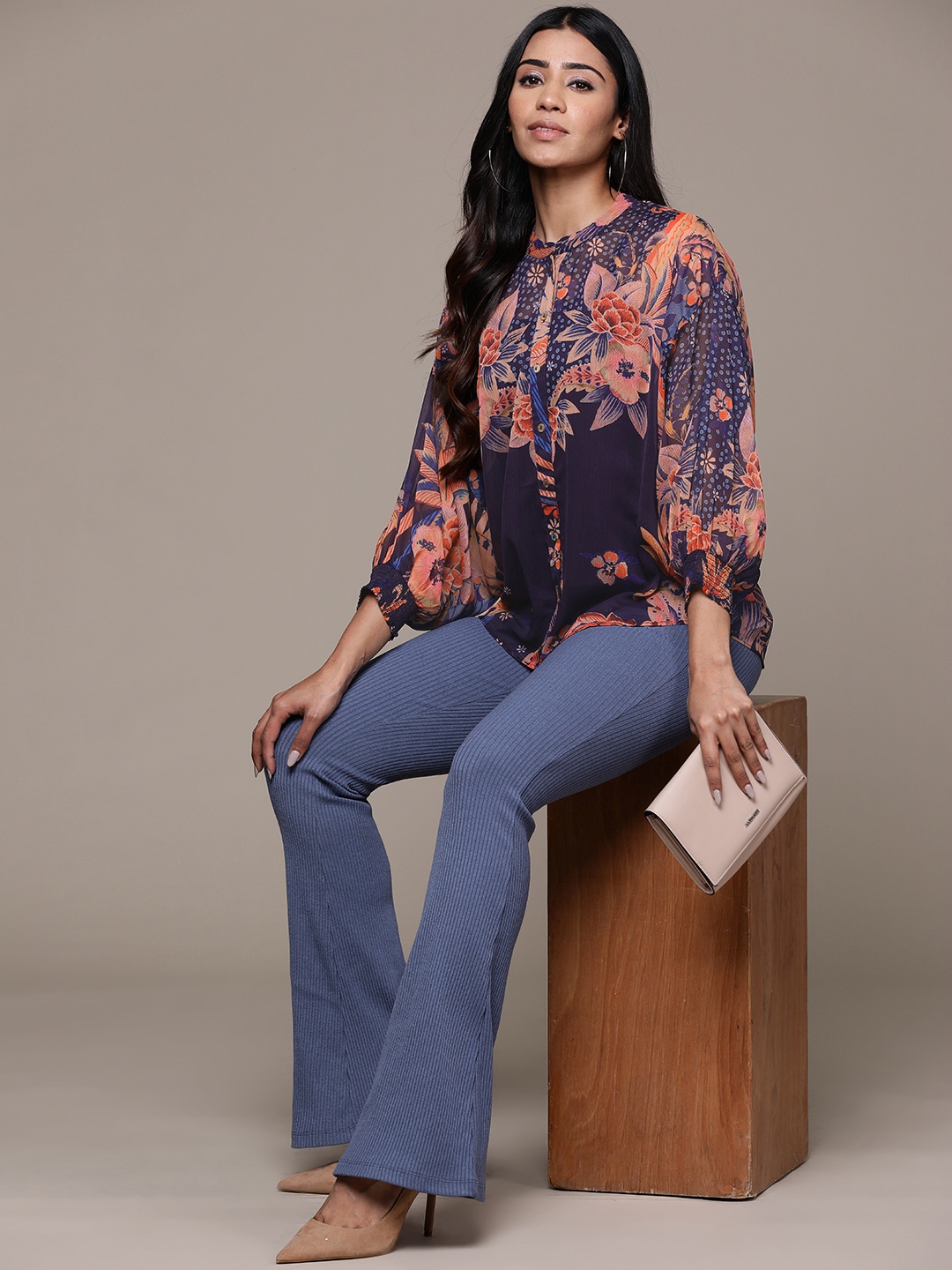 

aarke Ritu Kumar Women Floral Semi Sheer Printed Casual Shirt With Camisole, Navy blue