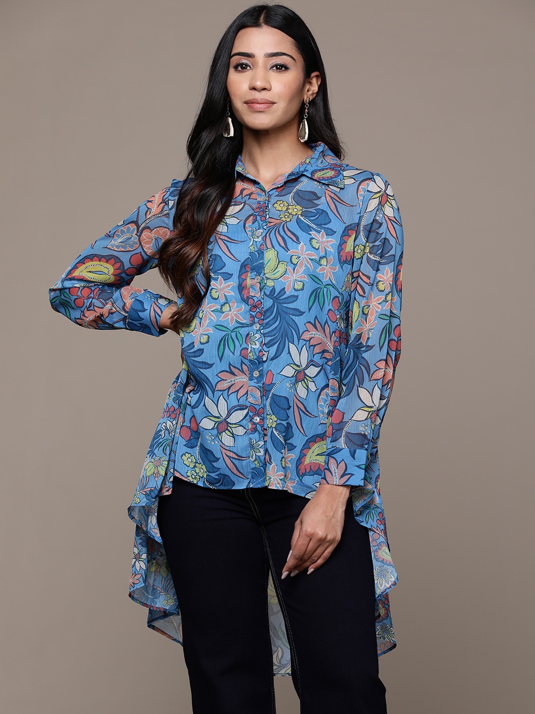 

aarke Ritu Kumar Women Floral Printed Shirt Style Top, Blue