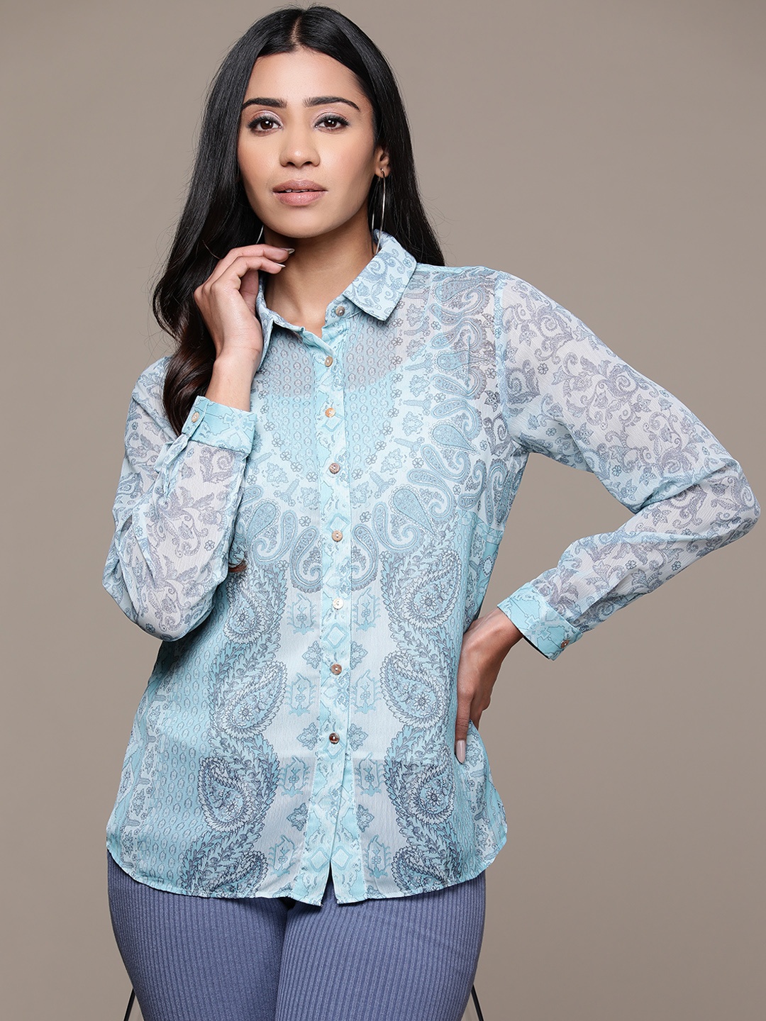 

aarke Ritu Kumar Women Semi Sheer Printed Casual Shirt With Camisole, Blue