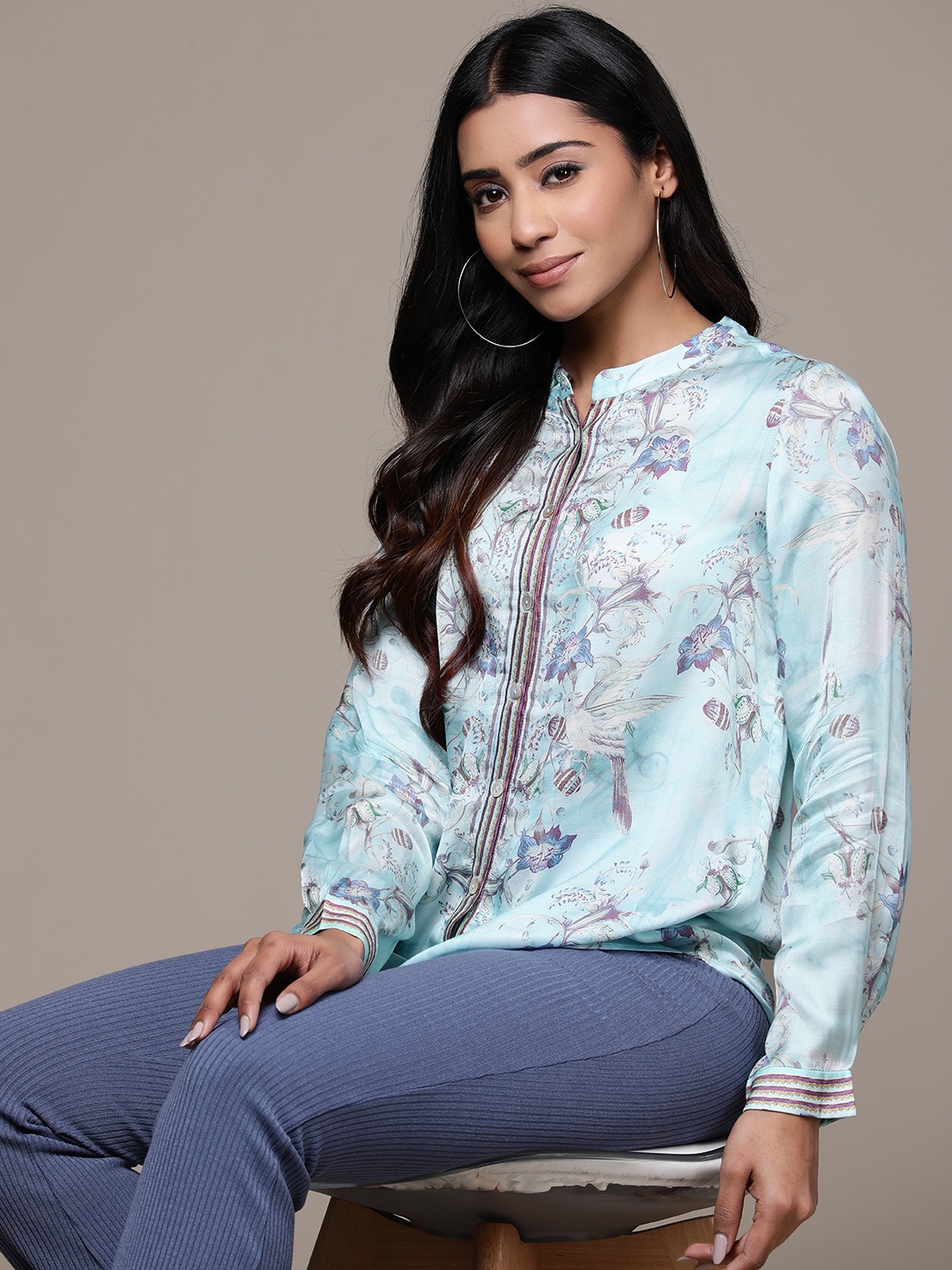 

aarke Ritu Kumar Women Floral Printed Casual Shirt, Blue