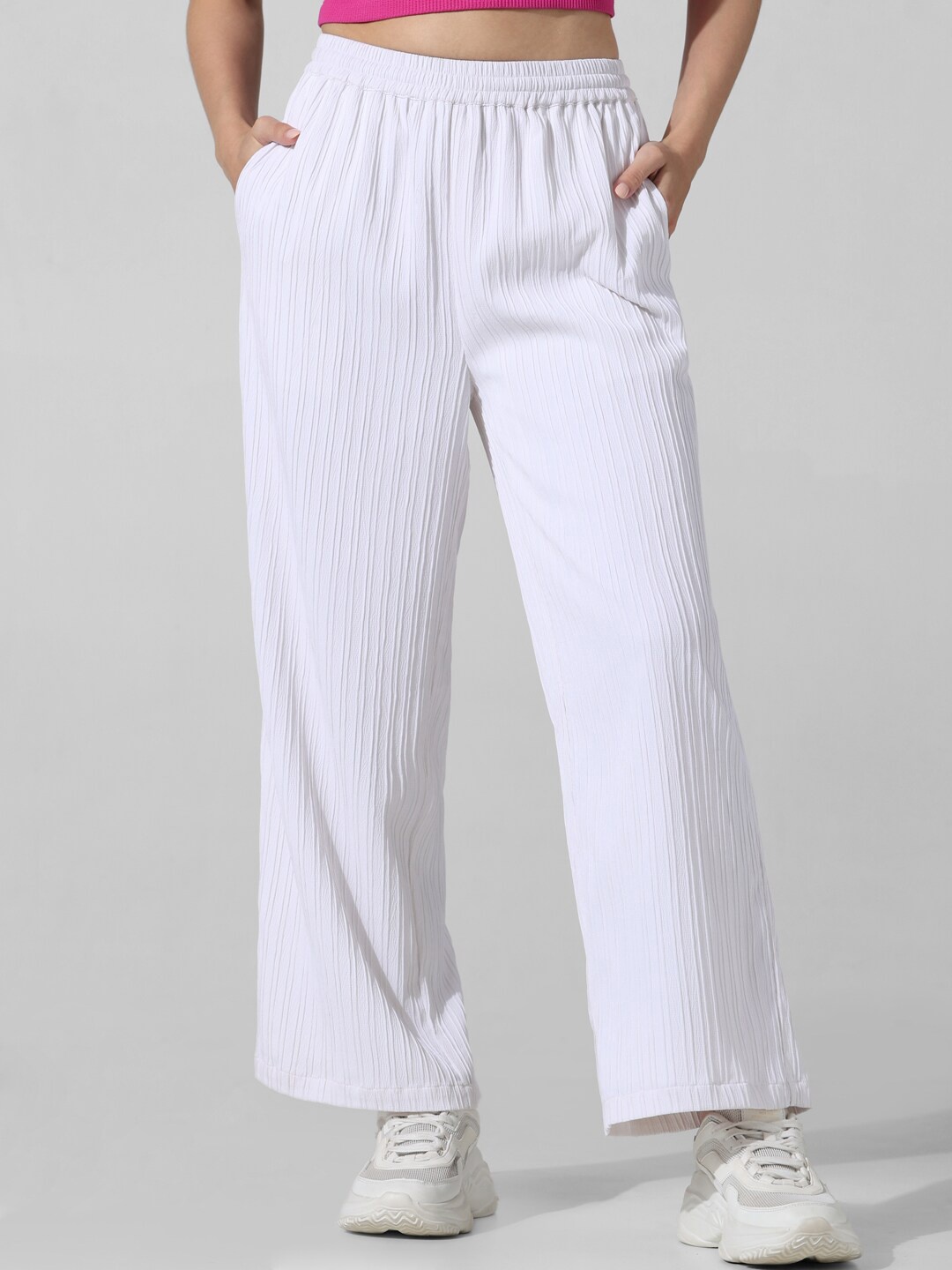 

ONLY Women Striped Textured High-Rise Parallel Trousers, White