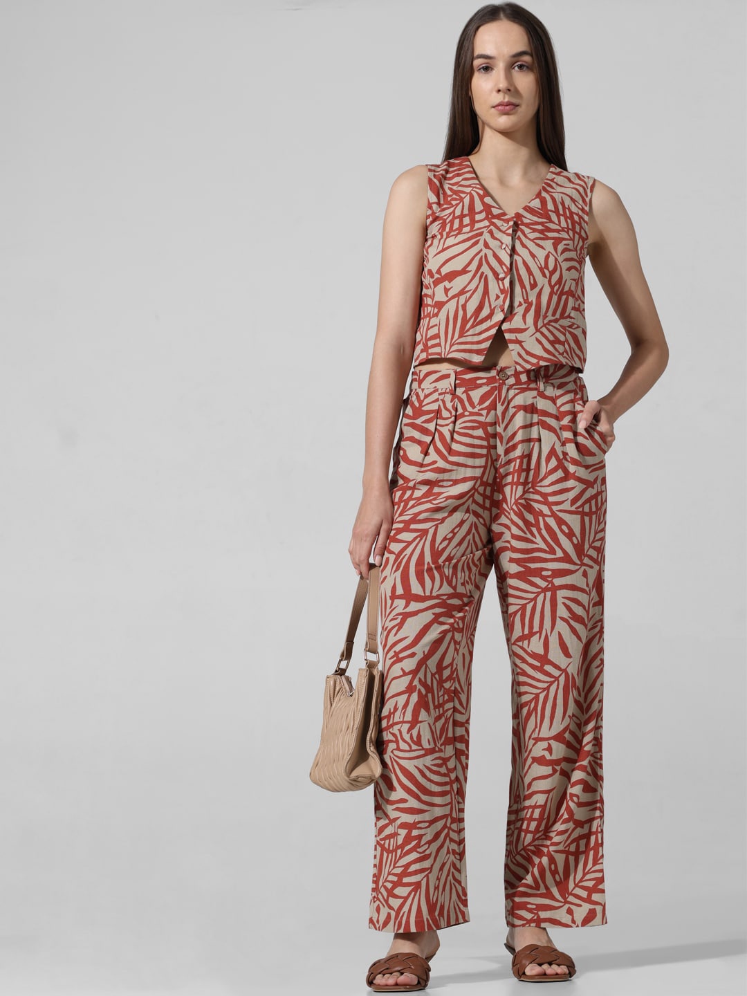 

ONLY Women Tropical Printed High-Rise Parallel Trousers, Beige