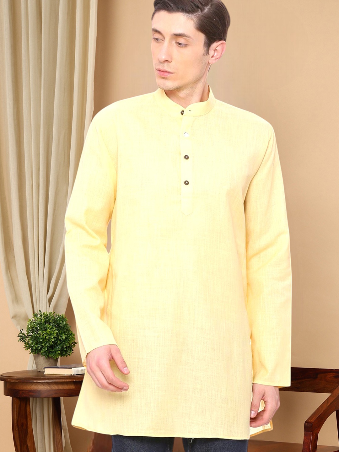 

TATTVA Band Collar Straight Kurta, Yellow