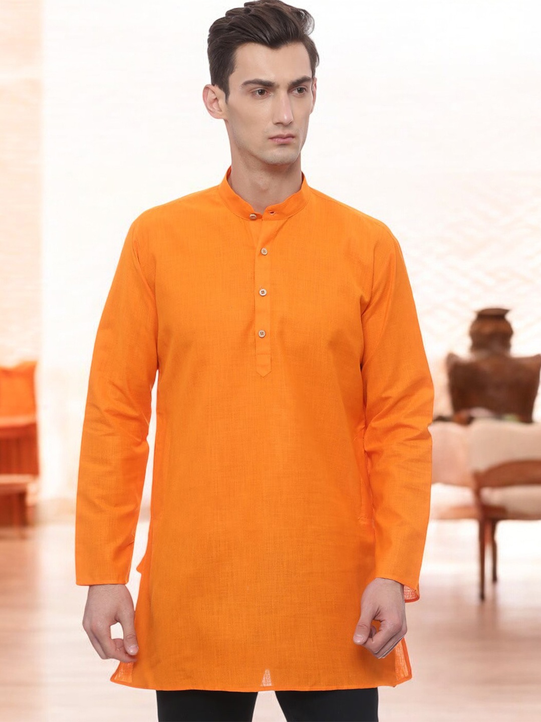 

TATTVA Long Sleeves Mandarin Collar Chikankari Kurta, Orange