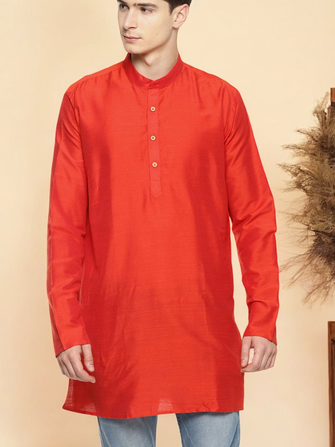 

TATTVA Long Sleeves Band Collar Straight Kurta, Red