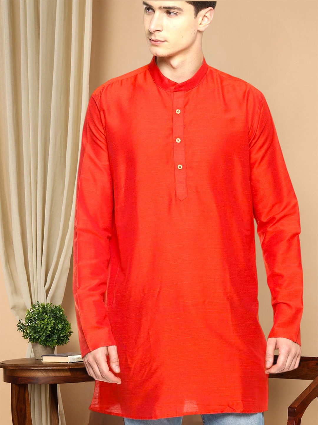 

TATTVA Long Sleeves Band Collar Straight Kurta, Red