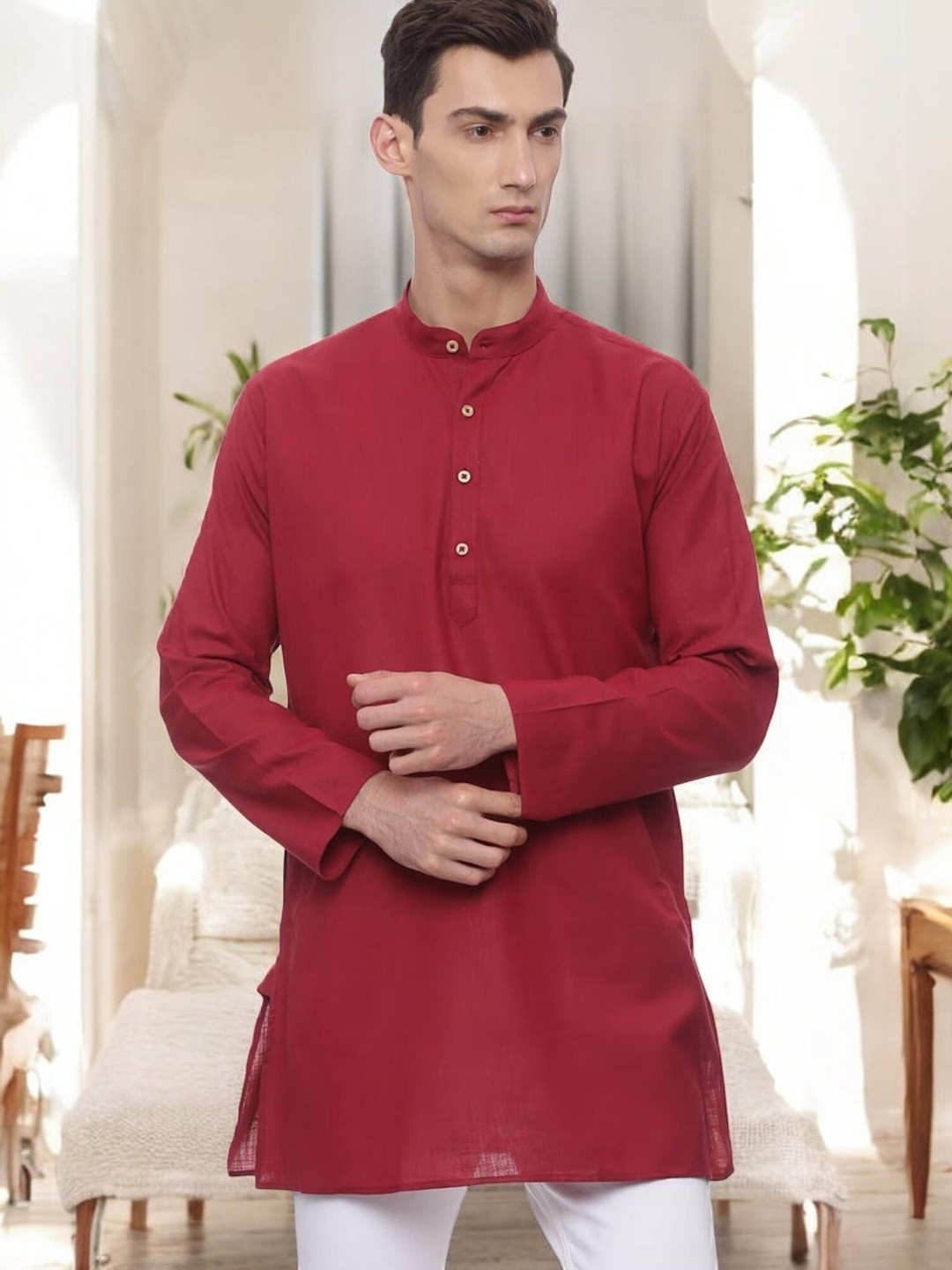 

TATTVA Long Sleeves Mandarin Collar Thread Work Kurta, Maroon