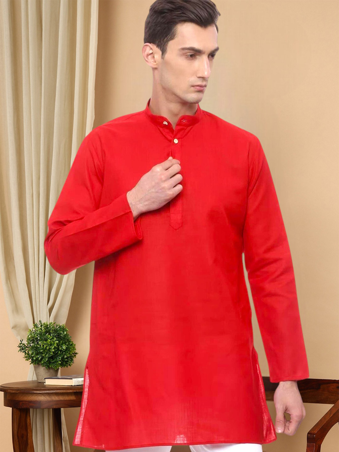 

TATTVA Long Sleeves Band Collar Straight Kurta, Red