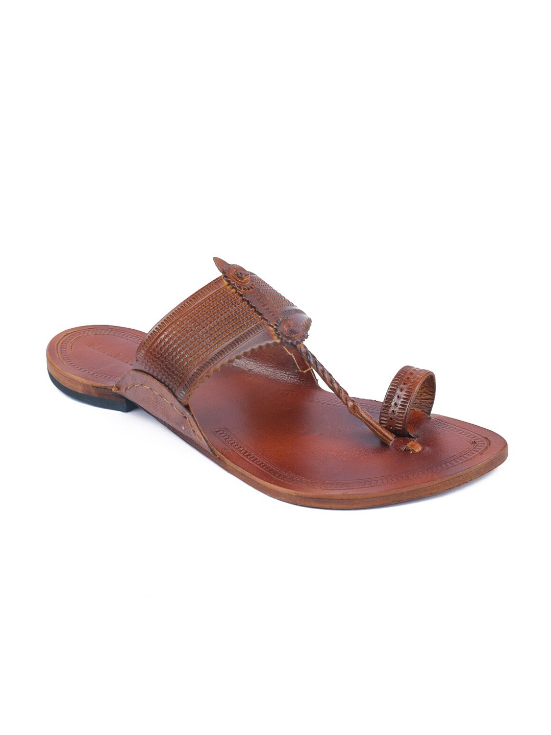 

KORAKARI Men Textured Leather Kolhapuri Flat Sandals, Tan