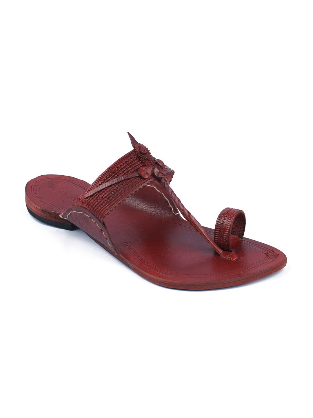 

KORAKARI Textured Leather Kolhapuri Flat Sandals, Red