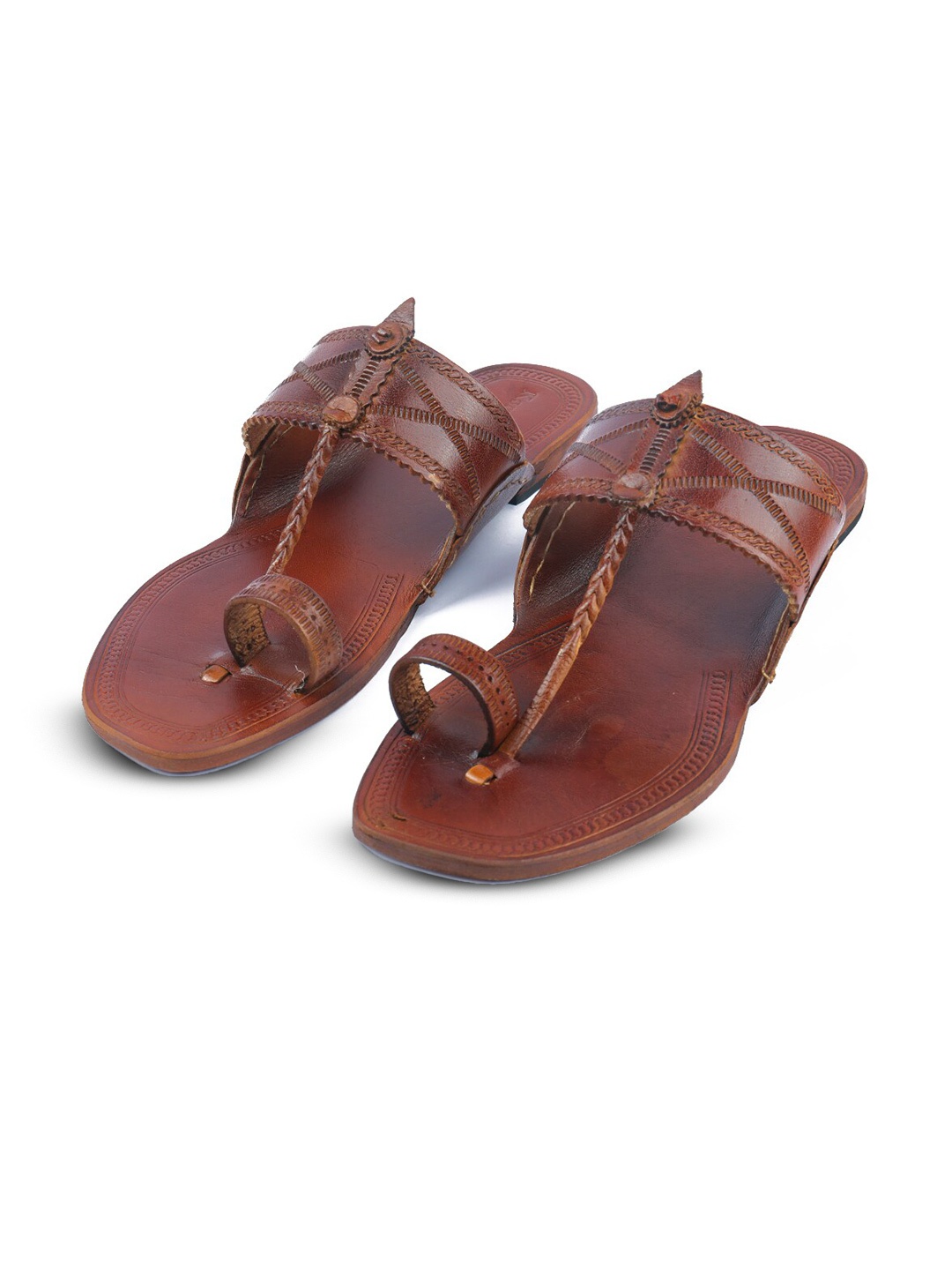 

KORAKARI Textured Leather Kolhapuri Flat Sandals, Tan