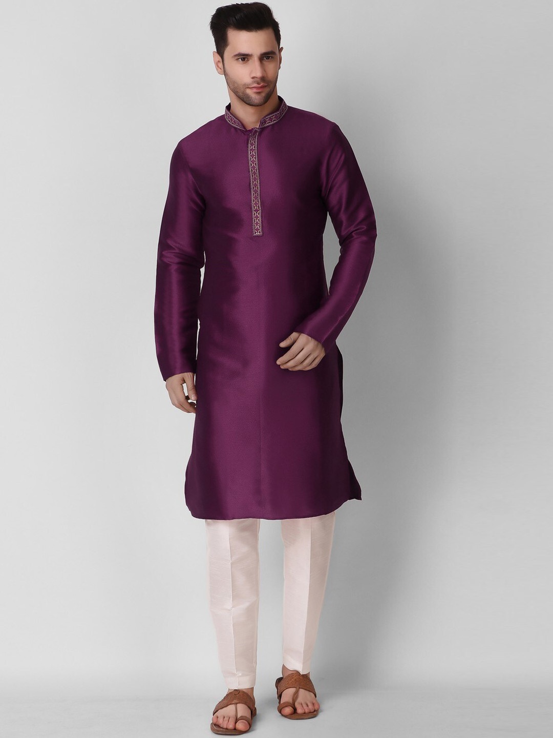 

Koshin Ethnic Motifs Woven Design Mandarin Collar Long Sleeves Thread Work Silk Kurta, Purple