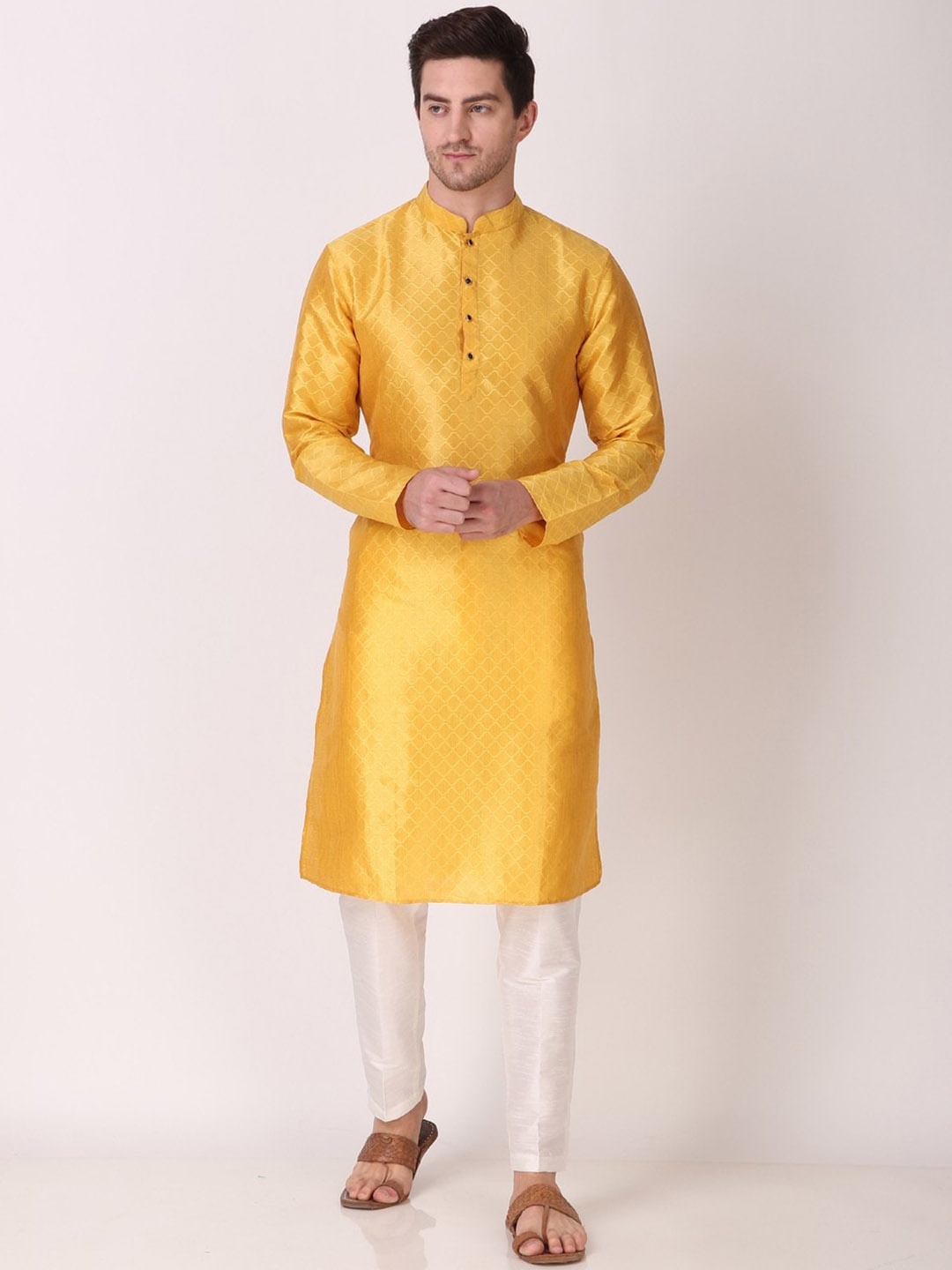 

Koshin Geometric Woven Design Mandarin Collar Jacquard Straight Kurta, Yellow