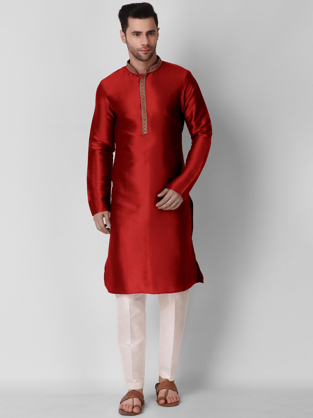 

Koshin Mandarin Collar Thread Work Jacquard Straight Kurta, Red