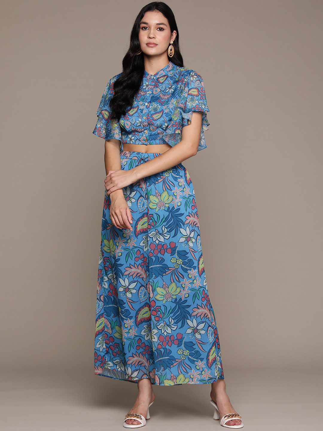 

aarke Ritu Kumar Floral Printed Top with Palazzos, Blue