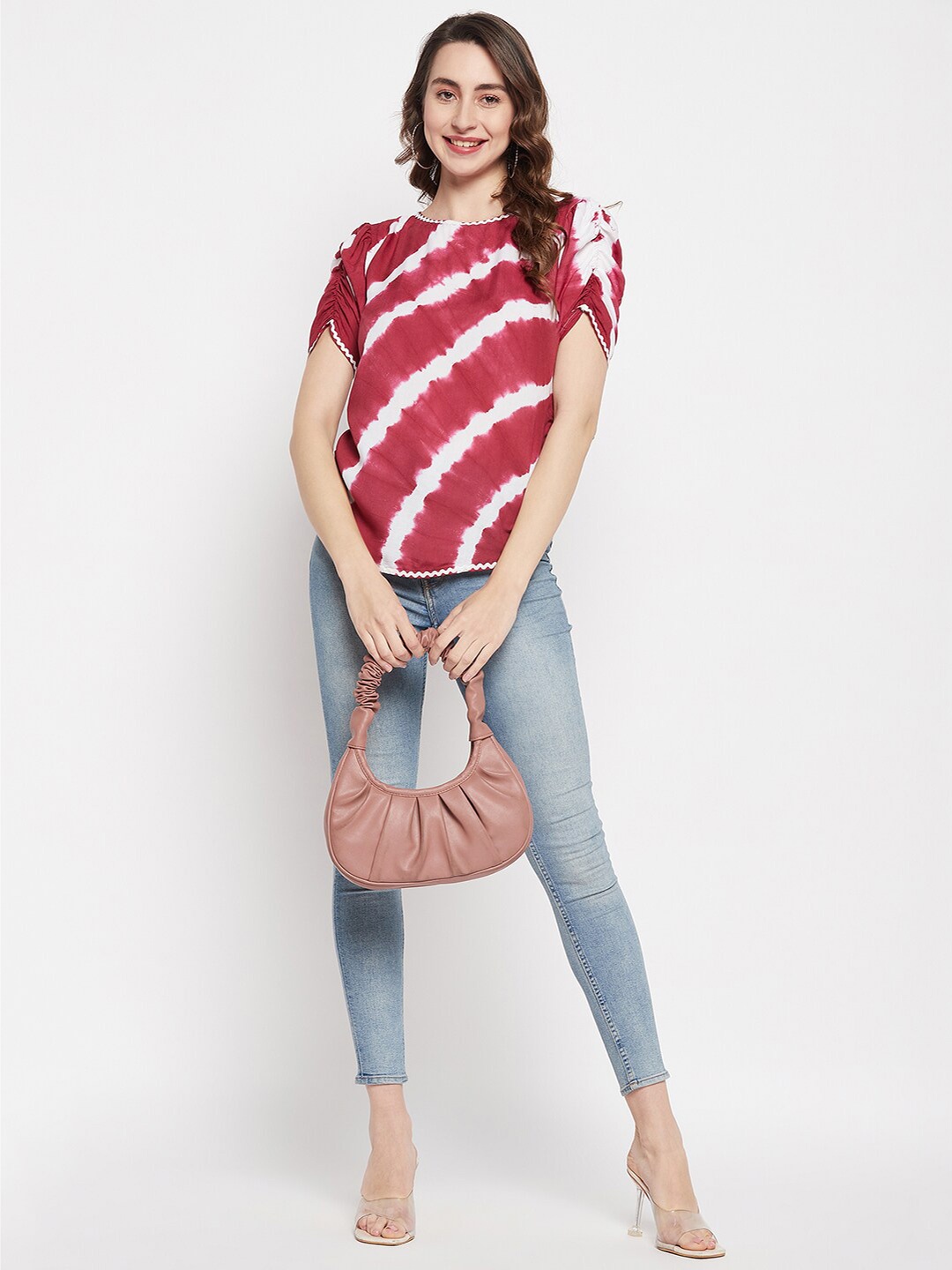 

Ruhaans Tie & Dye Puff Sleeves Top, Maroon