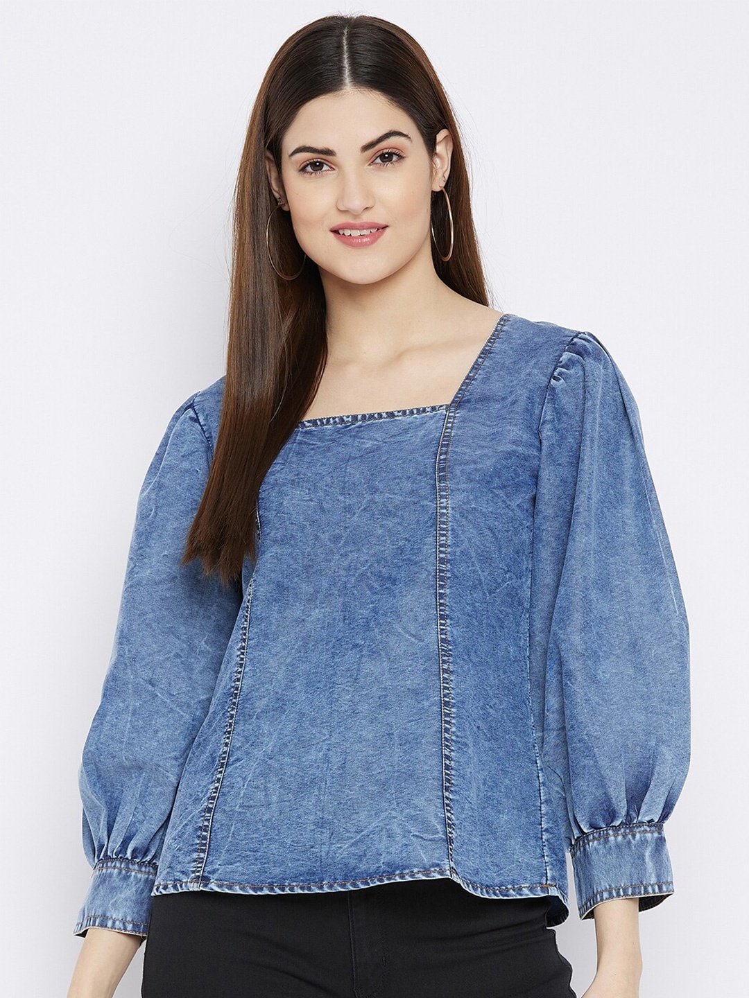 

Ruhaans Square Neck Cuffed Sleeves Denim Top, Blue