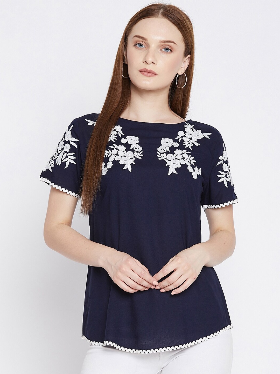 

Ruhaans Floral Embroidered Regular Top, Blue