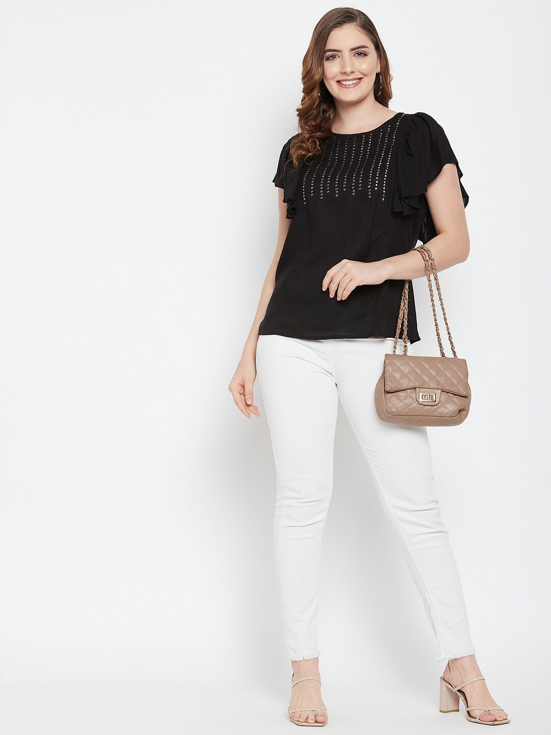 

Ruhaans Sequined Flutter Sleeves Top, Black